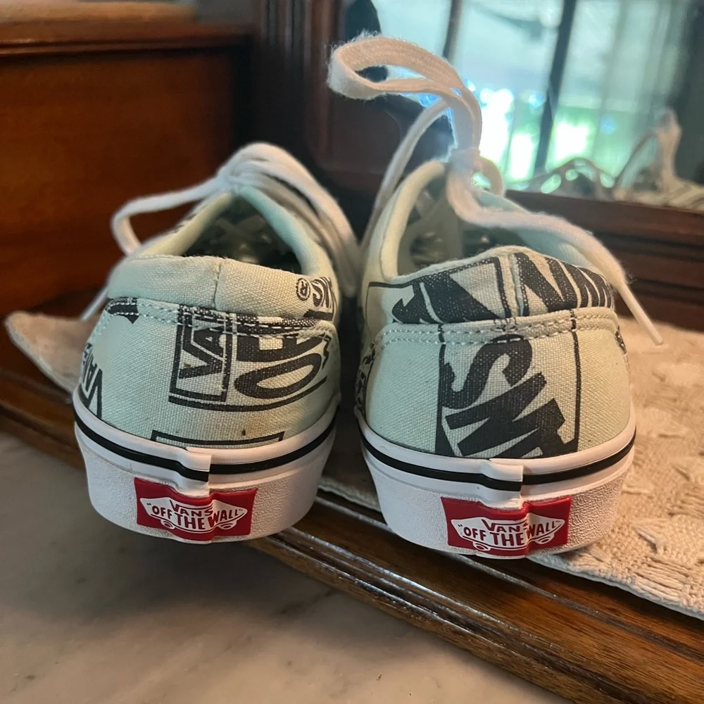 VANS Off the Wall Classic Low Top Logo Collage Sneakers Mint Green Black Wms 6.5